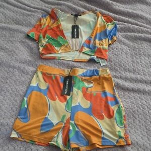 PrettyLittleThing Orange, Blue & Green Abstract Crop Top and Shorts Set